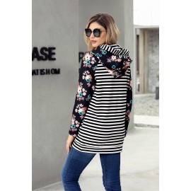 Floral Splice Black Striped Drawstring Hoodie Floral Splice Black Striped Drawstring Hoodie