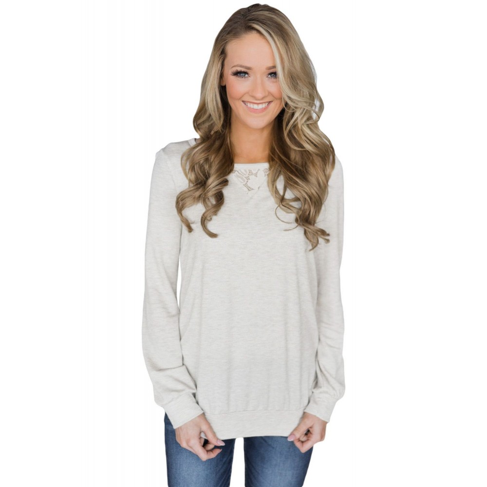 Lace Cutout Insert Light Grey Pullover Sweatshirt Lace Cutout Insert Light Grey Pullover Sweatshirt