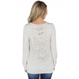 Lace Cutout Insert Light Grey Pullover Sweatshirt Lace Cutout Insert Light Grey Pullover Sweatshirt