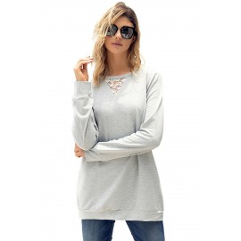 Lace Cutout Insert Light Grey Pullover Sweatshirt Lace Cutout Insert Light Grey Pullover Sweatshirt