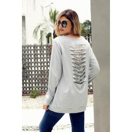 Lace Cutout Insert Light Grey Pullover Sweatshirt Lace Cutout Insert Light Grey Pullover Sweatshirt