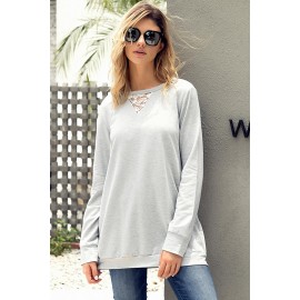 Lace Cutout Insert Light Grey Pullover Sweatshirt Lace Cutout Insert Light Grey Pullover Sweatshirt