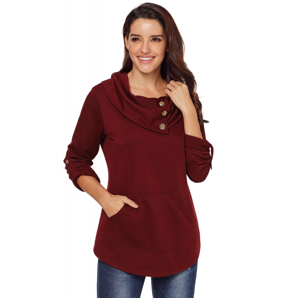 Burgundy Cowl Neck Kangaroo Pocket Pullover Top Burgundy Cowl Neck Kangaroo Pocket Pullover Top
