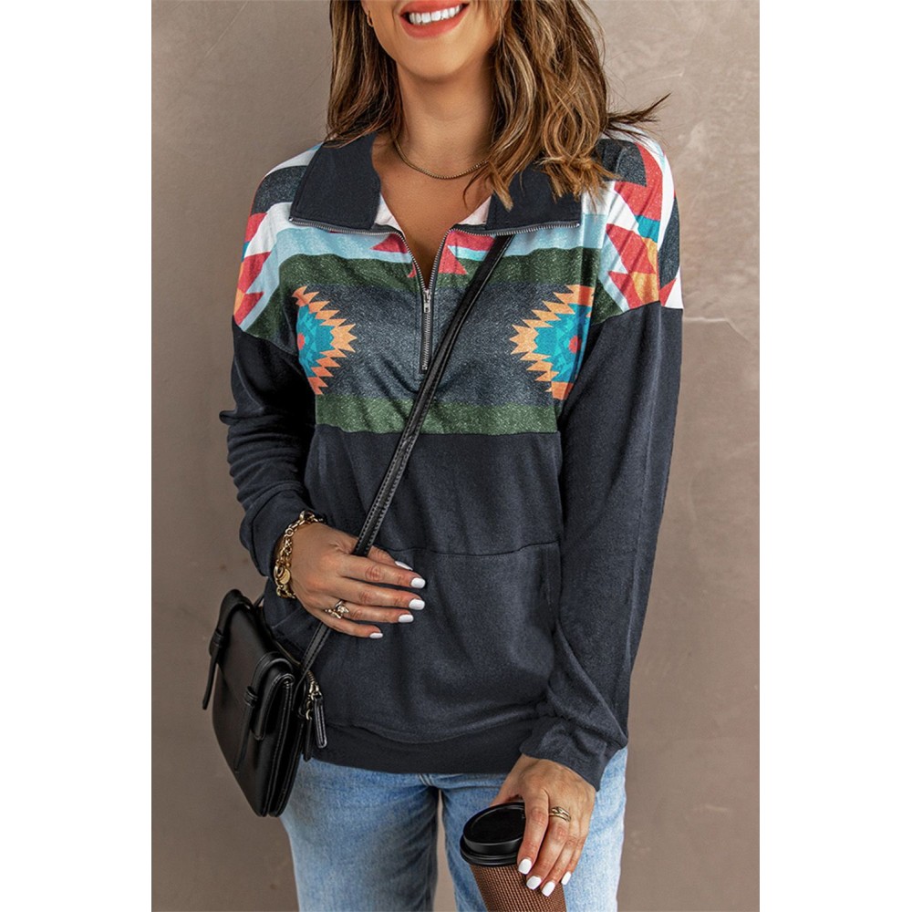Aztec Print Atop Charcoal Pullover Sweatshirt Aztec Print Atop Charcoal Pullover Sweatshirt