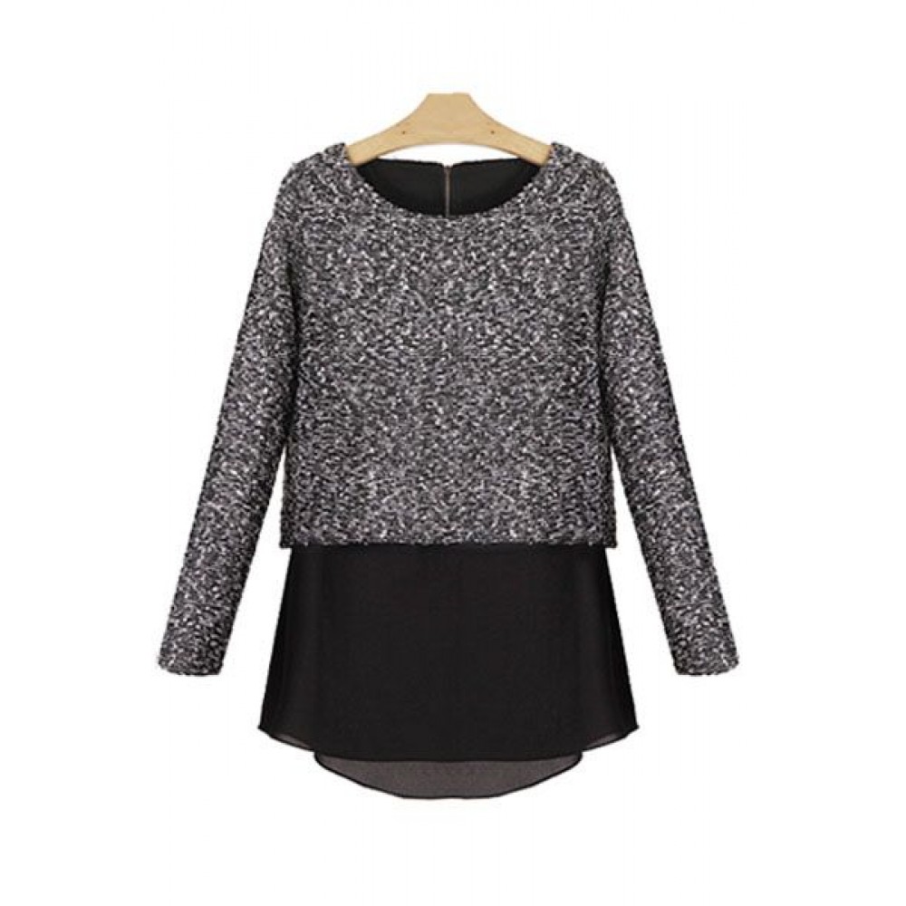 Heather Grey Sweatshirt with Black Chiffon Hem Heather Grey Sweatshirt with Black Chiffon Hem