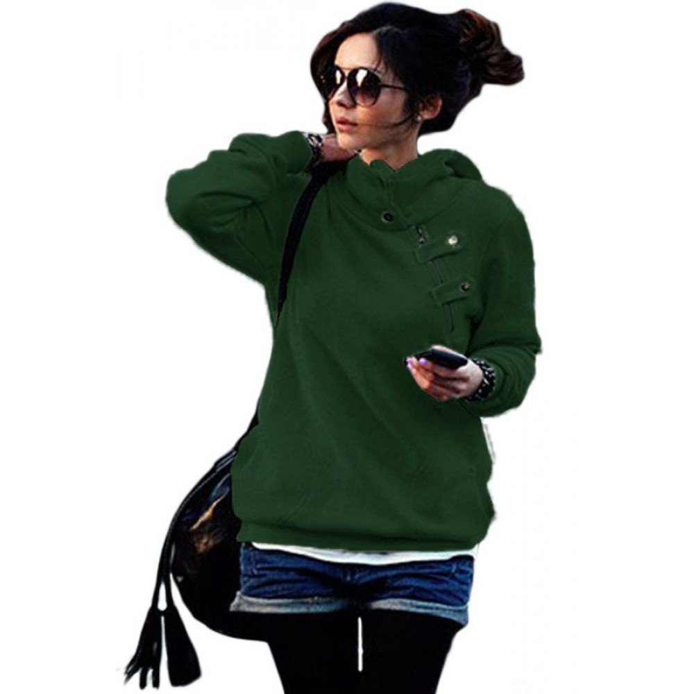 Green Button Zip Detail Warm Pocket Hoodie Green Button Zip Detail Warm Pocket Hoodie