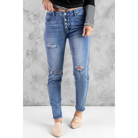 Blue Hollow Out Button-fly Distressed Jeans