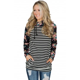 Floral Splice Black Striped Drawstring Hoodie