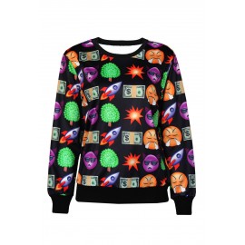 Fashion Emoji Print Black Women Sweatshirt